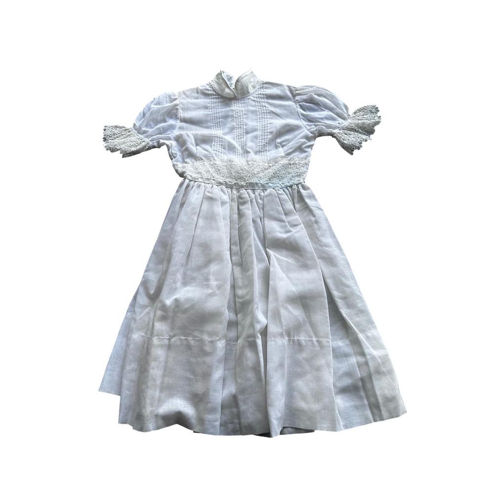 Girls White Cotton Lace Pintuck Pleated Dress‎ Puff Sleeve Edwardian Style vtg